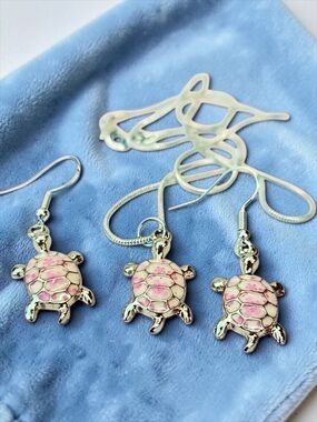 Turtles In Silver & Pink Enamel Pendants, Matching Earrings & Necklace Set